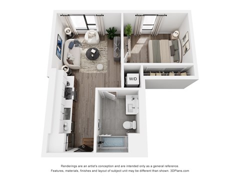 Floor plan for 1 bed, 1 bath, 578 sqft